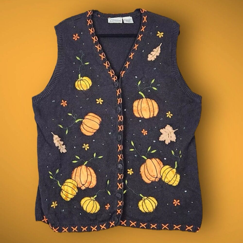 VTG Basic Editions FALL Knit Sweater Vest EMBROIDERED Pumpkins & Leaves SIZE 1X